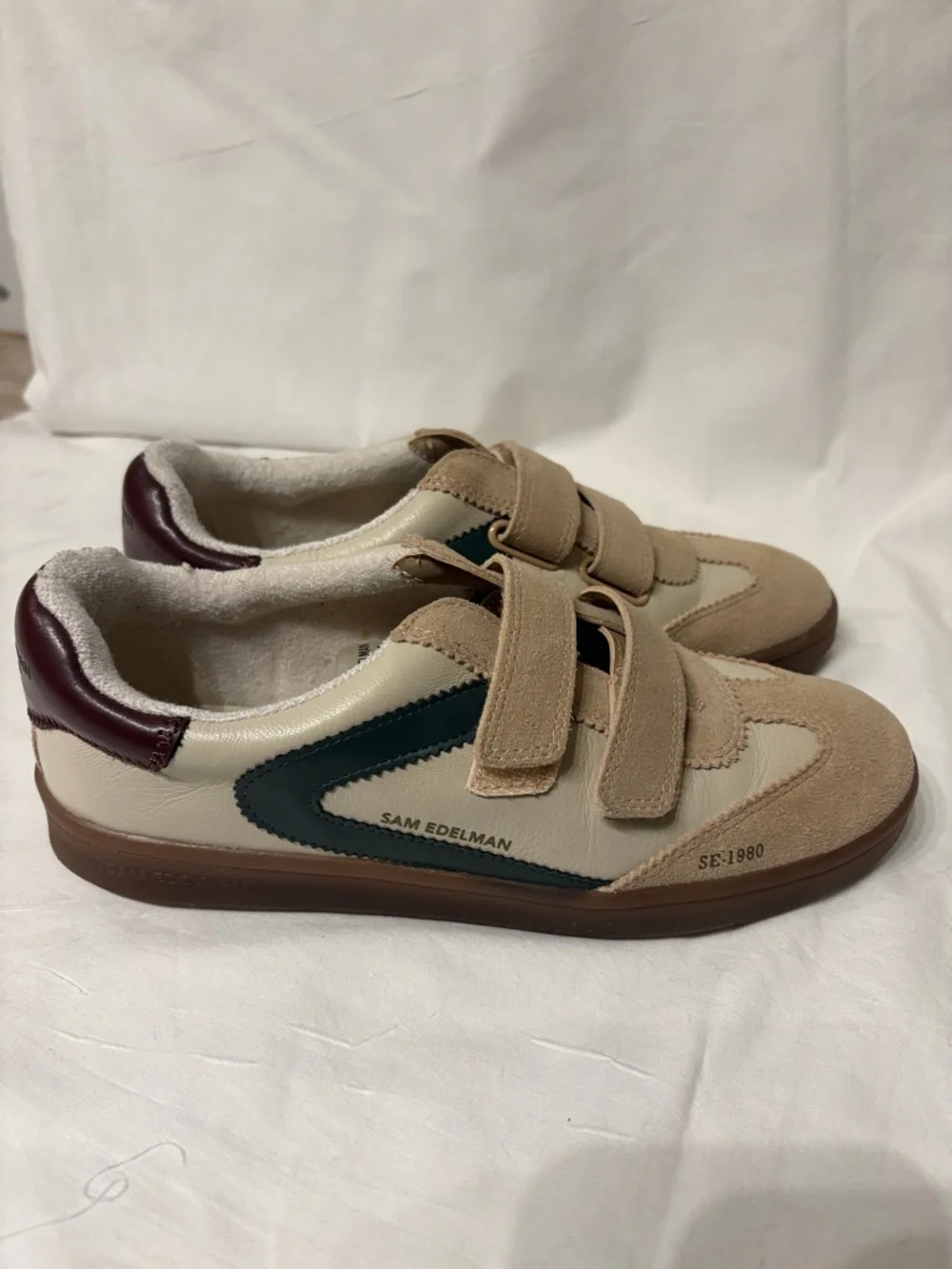 Sam Edelman Talia Velcro Sneakers SZ 8M Brown/Cream with Dark Green Accent